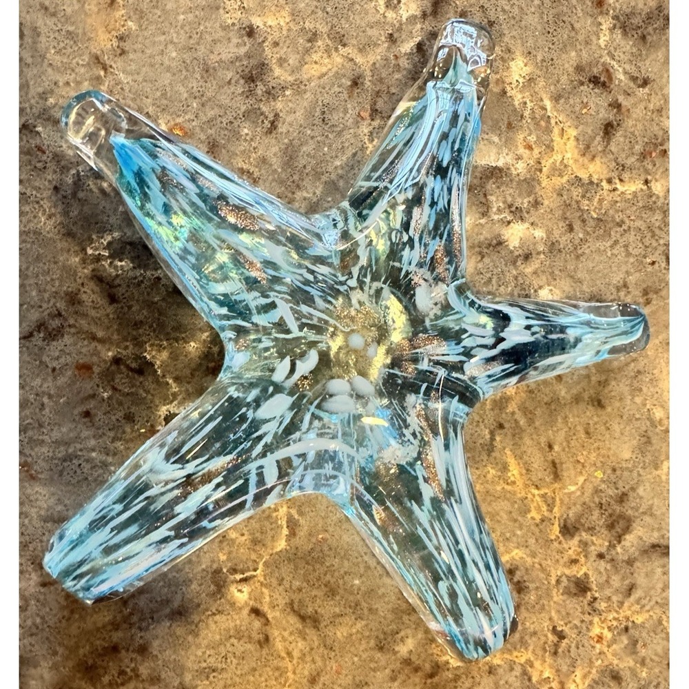 Blue Glass Starfish Paperweight Art Glass Coastal Beach Decor 7"